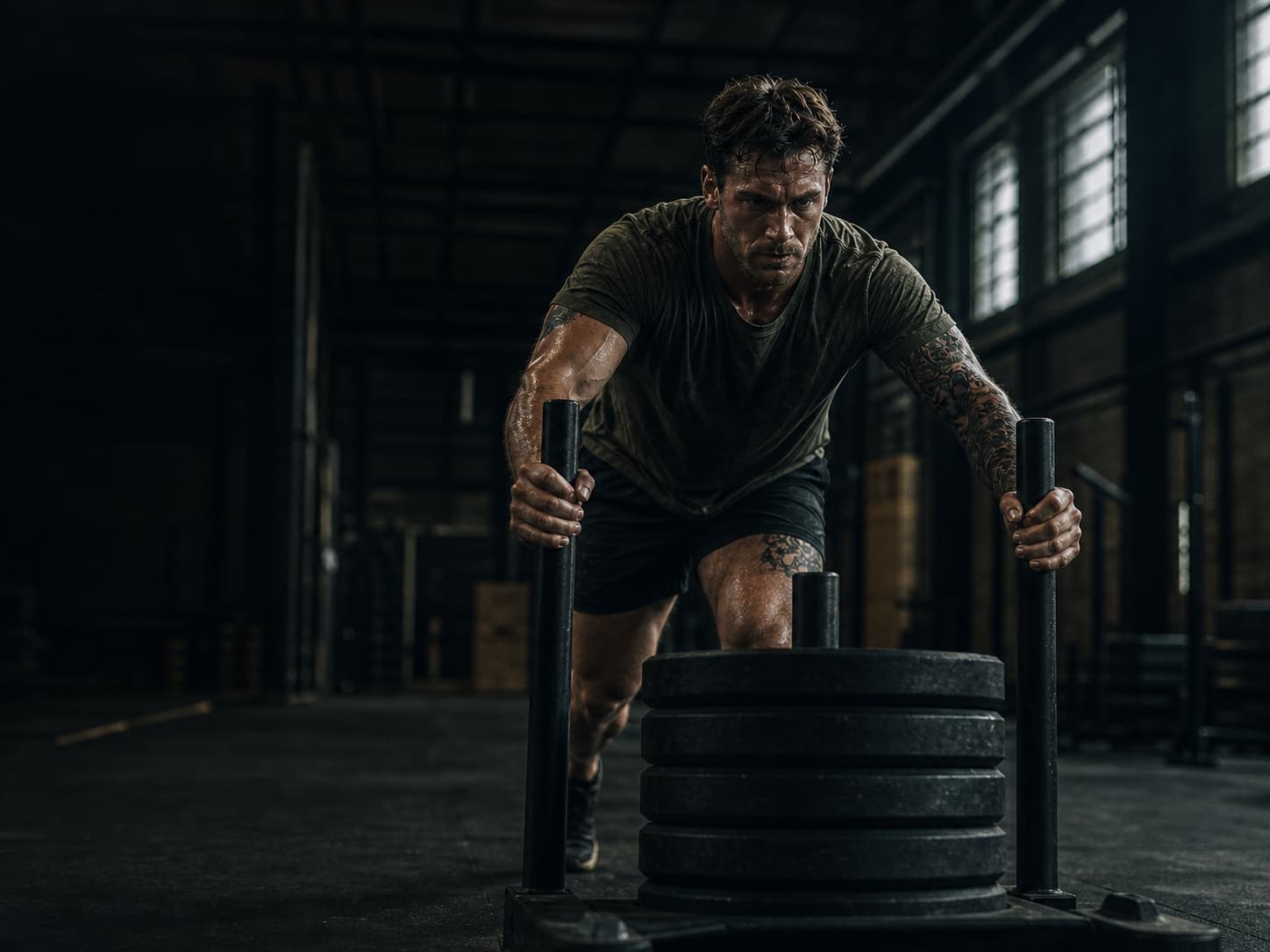 Tactical athlete driving a weighted sled during a strength session